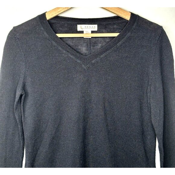 Kenar Merino Wool Sweater Women Medium Black V Neck Long Sleeve Ribbed Hem - Picture 3 of 9